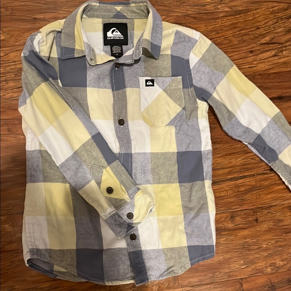 Quiksilver Yellow and Gray Plaid Button Down Shirt